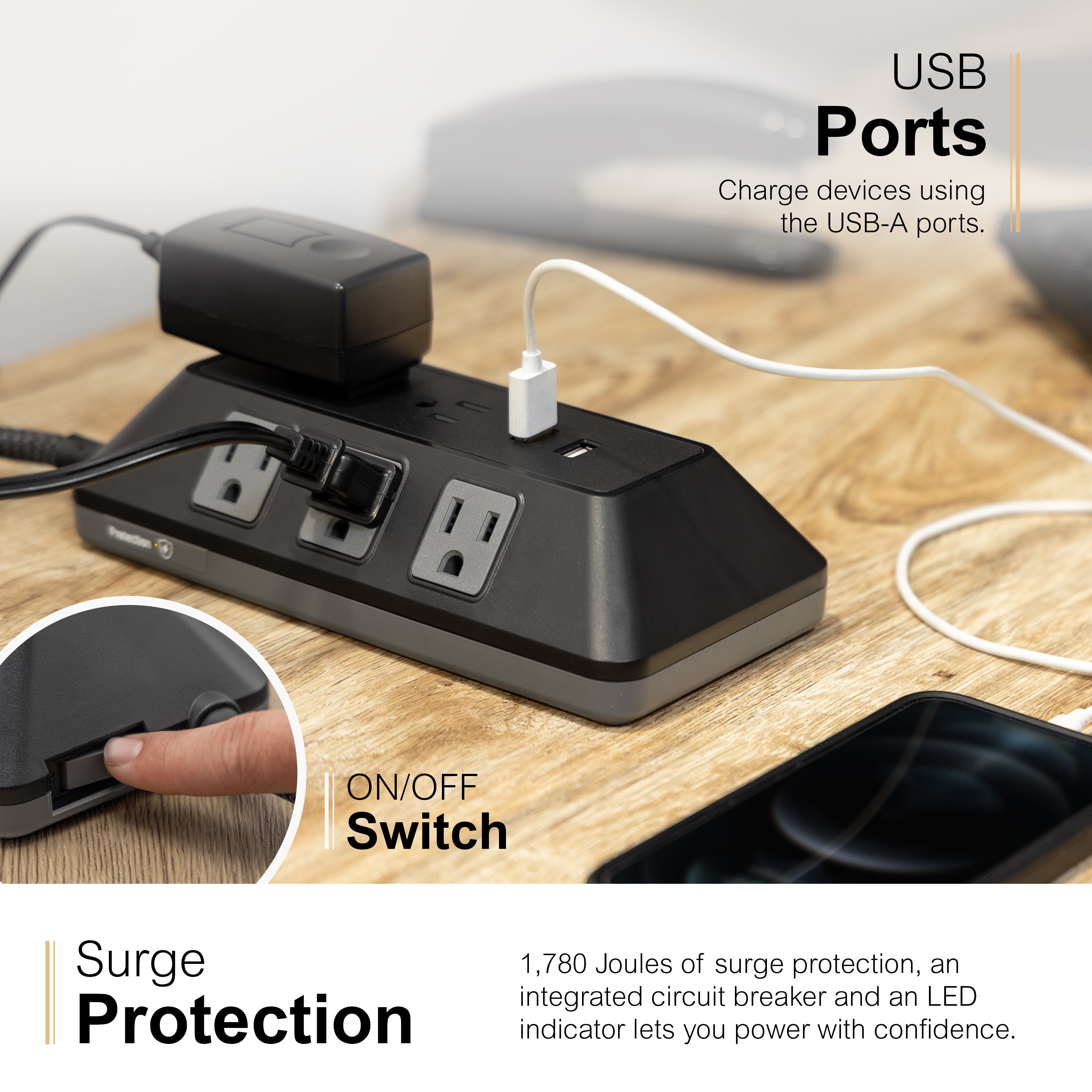 GE Adapt 8-Outlet Surge Protector with USB, Turtle, 1780J, 2 USB-a Ports, 2.4a, 3ft Braided Cord, Black
