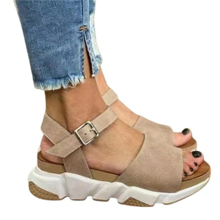 

Women s Sandals Summer Open Toe Breathable Ankle-Strap Shoes Pin Buckle Closure Slope Platform Woman Foot Wear Strappy for Daily Casual 37 Gray