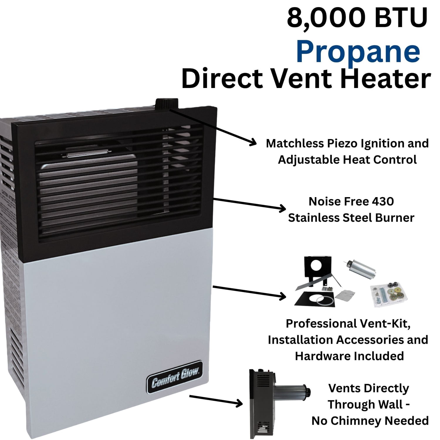 Comfort Glow 8,000 BTU Direct-Vent Propane Wall Heater with Vent Kit, Matchless Piezo Ignition with Adjustable Heat Control, 250 Sq. Ft, DVP08