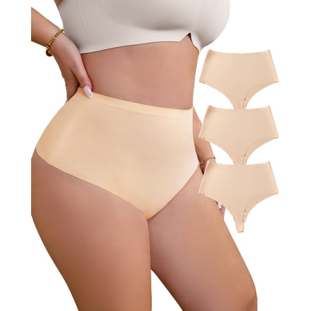 USEASY Thongs for Women Plus Size Seamless No Show Underpants High Waisted Breathable Thongs 3 Pack 1XL-4XL