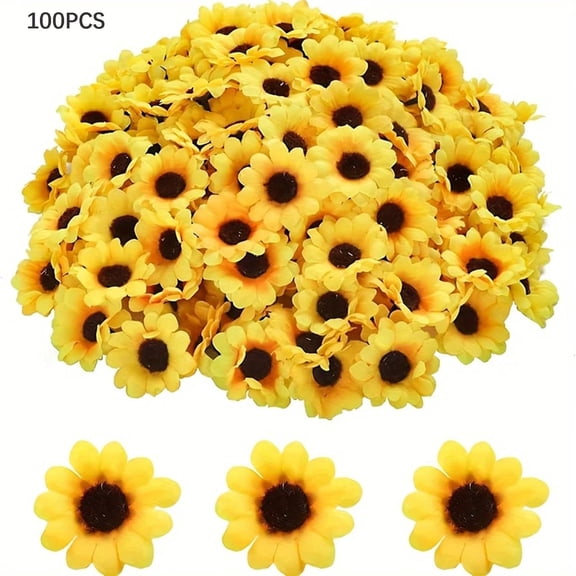 BZCOE 100 Pcs Sunflowers Artificial Flower Heads,Yellow Mini Fake Sunflowers Decorative Fabric Flowers Craft Floral Embellishments Silk Sun Flower Head Decorations Diy Wedding Floral Home Decor
