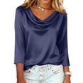 thumbnail image 4 of Dressy Tops for Women 3/4 Sleeve Silk Satin Blouses Business Work T Shirts Loose Fit Cowl Neck Spring Summer Outfits 2026 Navy XL, 4 of 7