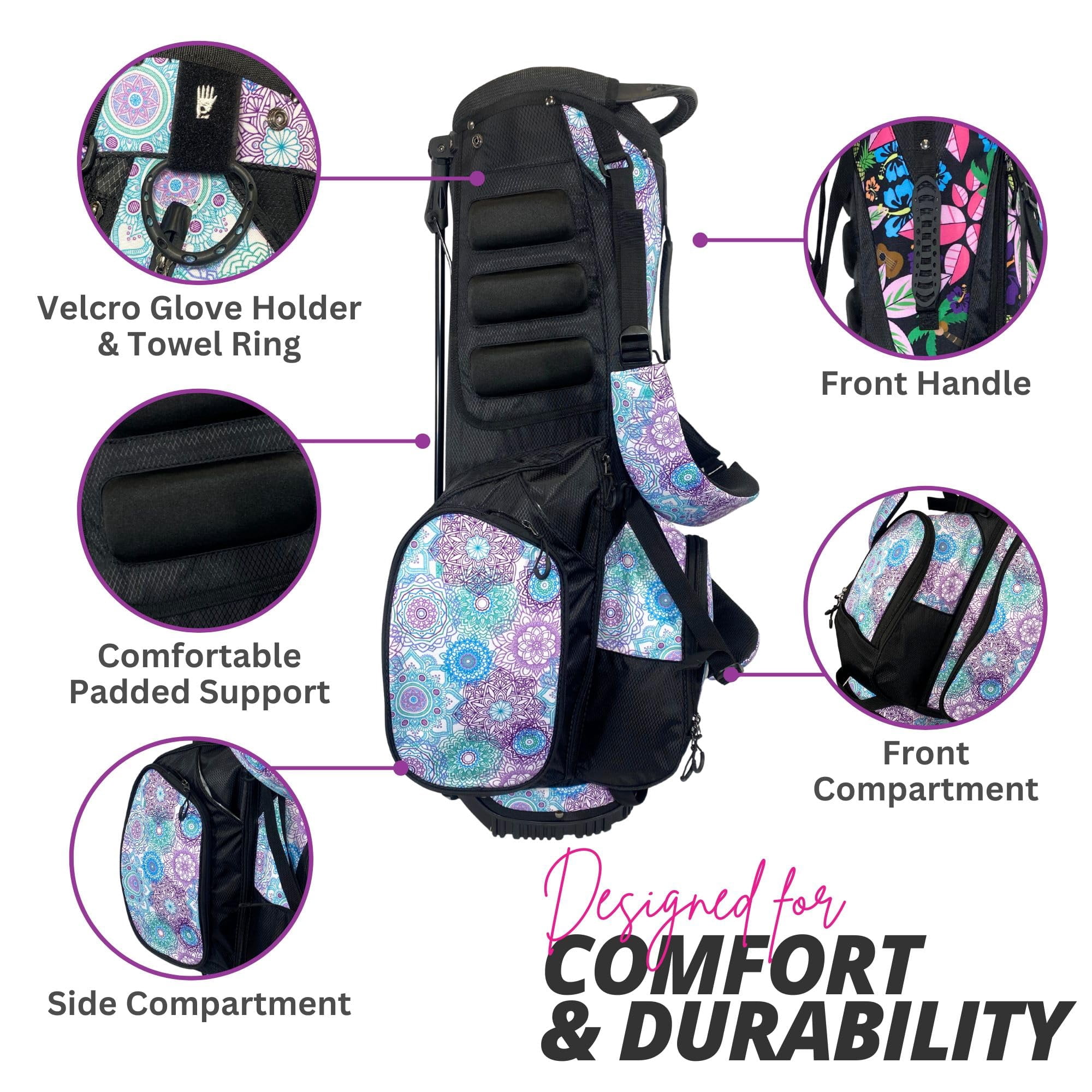 Women's Lightweight 4-Way Women's Golf Stand Bag | Taboo Fashions Stand Bag | Range Bag, Par 3, Executive Course | Self Flexing Stand, Adjustable Strap (Mandala Dreams)