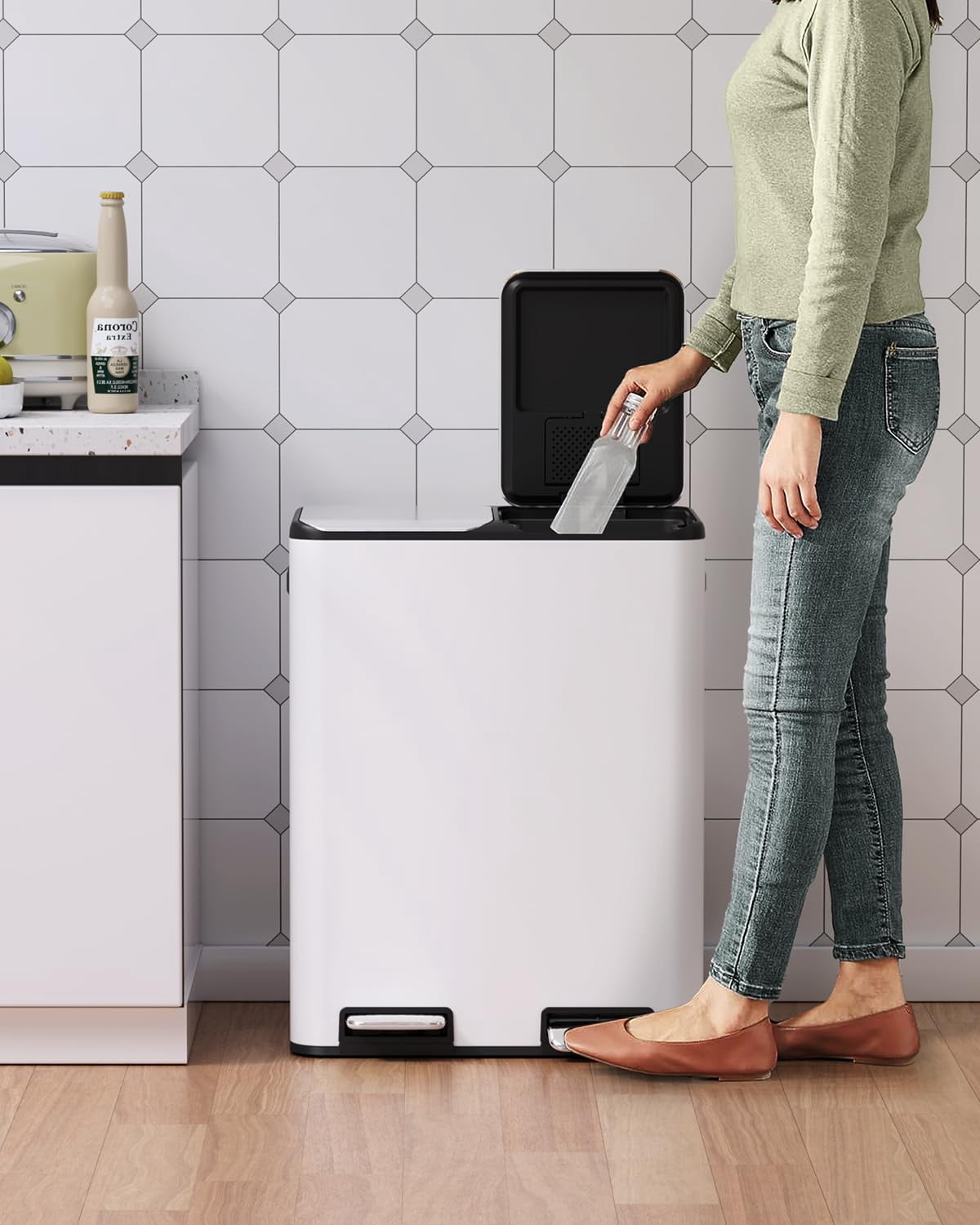 Pirecart Trash Can 16 Gallon Dual Step Garbage Can Stainless Steel Recycling Waste Dustbin with Built-in Filter Boxes, White