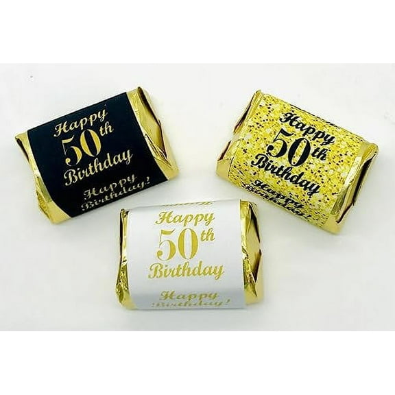 50th Birthday Nuggets Labels, Chocolate Candy Wrapper, (Set of 90) Candy Stickers; 3 Designs: 30 Gold, 30 Black, 30 White, Candy Not Included
