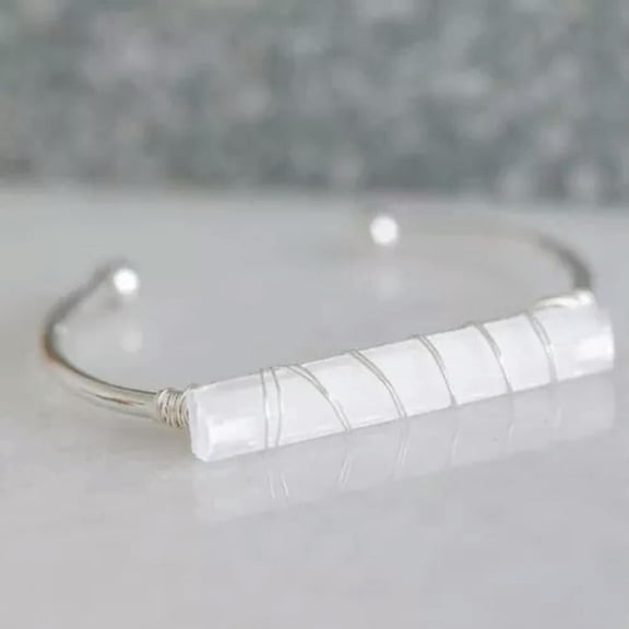 HOOUN Wire Wrapped Selenite Wand Stick Bangle Crystal Bead Bracelet Opening Irregular-Silver