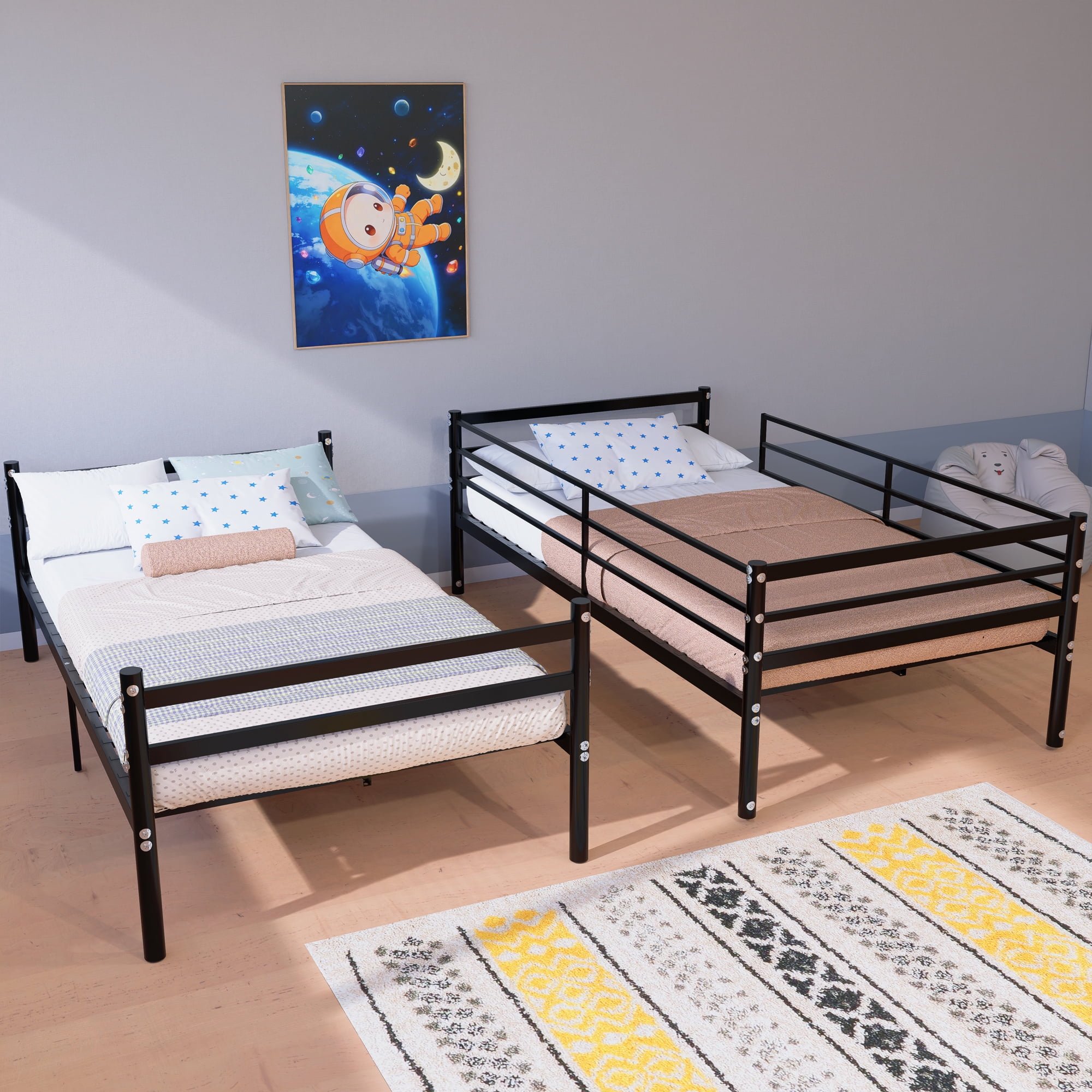 Leumius Twin Over Twin Metal Bunk Bed with 13.7 Inch High Safety Guardrail & Sturdy Ladder,Converts to 2 Beds,No Box Spring Needed,Black