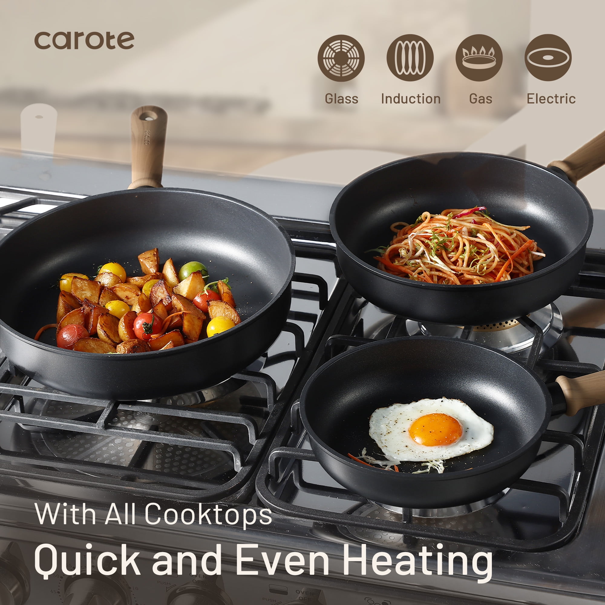 Batterie de cuisine antiadhésive en titane Carote Batterie de cuisine antiadhésive en titane Carote – 15 pièces, Compatible induction, avec ustensiles en silicone et protège-poêles, passe au lave-vaisselle – Coloris noir