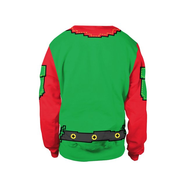 suéter de cuello redondo de manga larga para el día de navidad verde Pompotops, vista trasera centrada de suéter navideño feo con cuerpo verde y mangas rojas, cuello redondo, estampado tipo cinturón pixelado en la cintura y motivos en hombros y mangas; mezcla poliéster y spandex, corte suelto y casual; consulte la tabla de tallas.