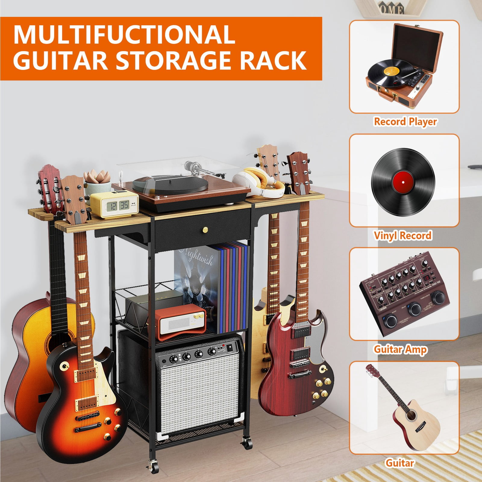 【Mulaibdin】Portable 3-Tier Rolling Guitar Stand with Amp Stand & Drawer, Spacious Organizer for Music Room, Bedroom & Living Room