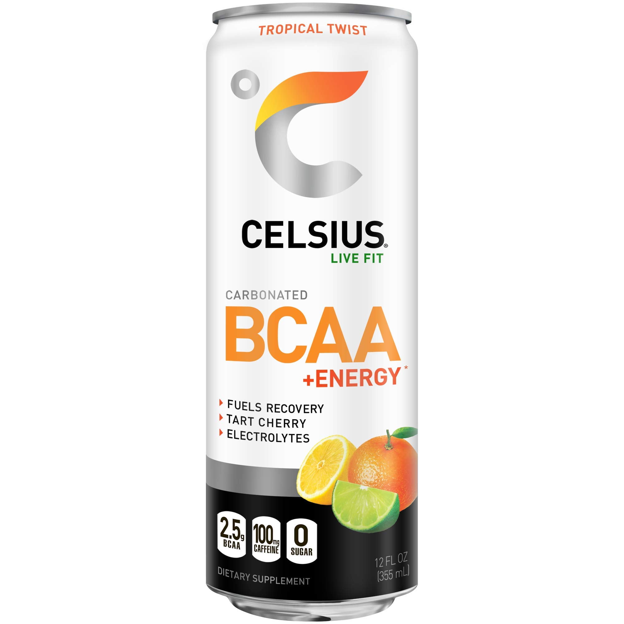 CELSIUS BCAA +Energy Sparkling Post-Workout Recovery & Hydration Drink, Tropical Twist, 12oz. Slim Can, 12 Pack