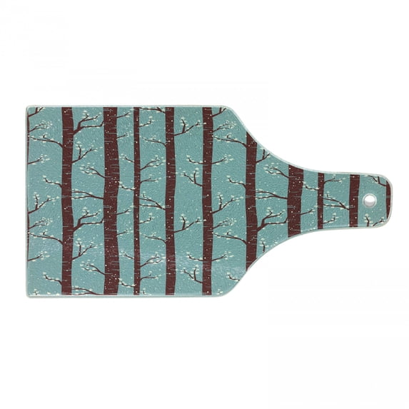 Forest Cutting Board, Silhouettes of Birch Trees with Foliage Leaves in Snowy Winter Season, Tempered Glass Cutting and Serving Board, Wine Bottle Shape, Pale Blue Maroon Cream, by Ambesonne