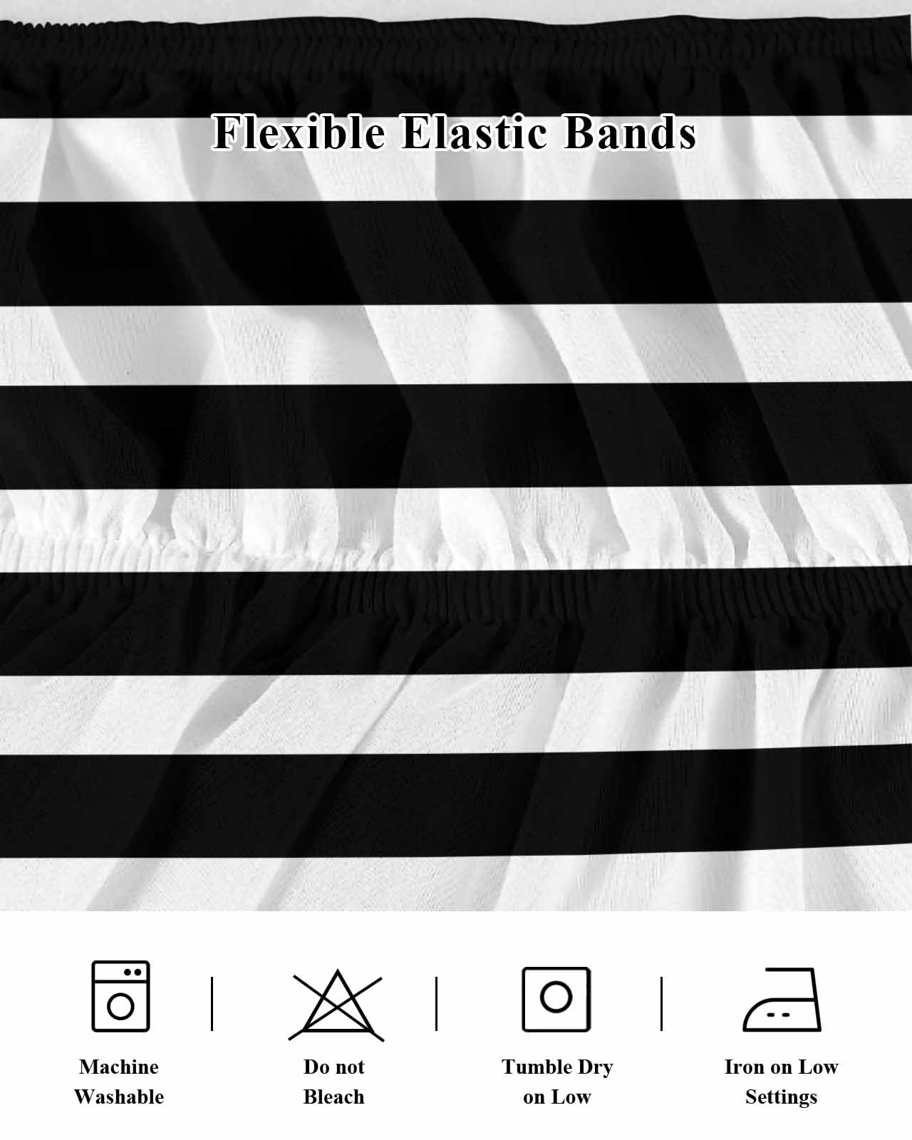 Black Striped Wrap Around Bed Skirts for Queen Bed 18" Drop,Bed Skirt with Adjustable Elastic Belt Dust Ruffle Bed Valance for Bedroom Hotel Modern Simple Monochrome Geometric White Bed Frame Cover