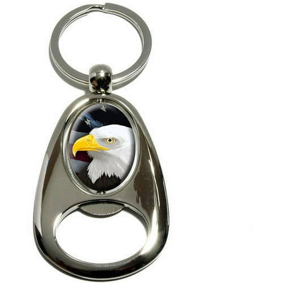 American Bald Eagle, Flag USA Patriotic, Chrome Plated Metal Spinning Oval Design Bottle Opener Keychain Key Ring