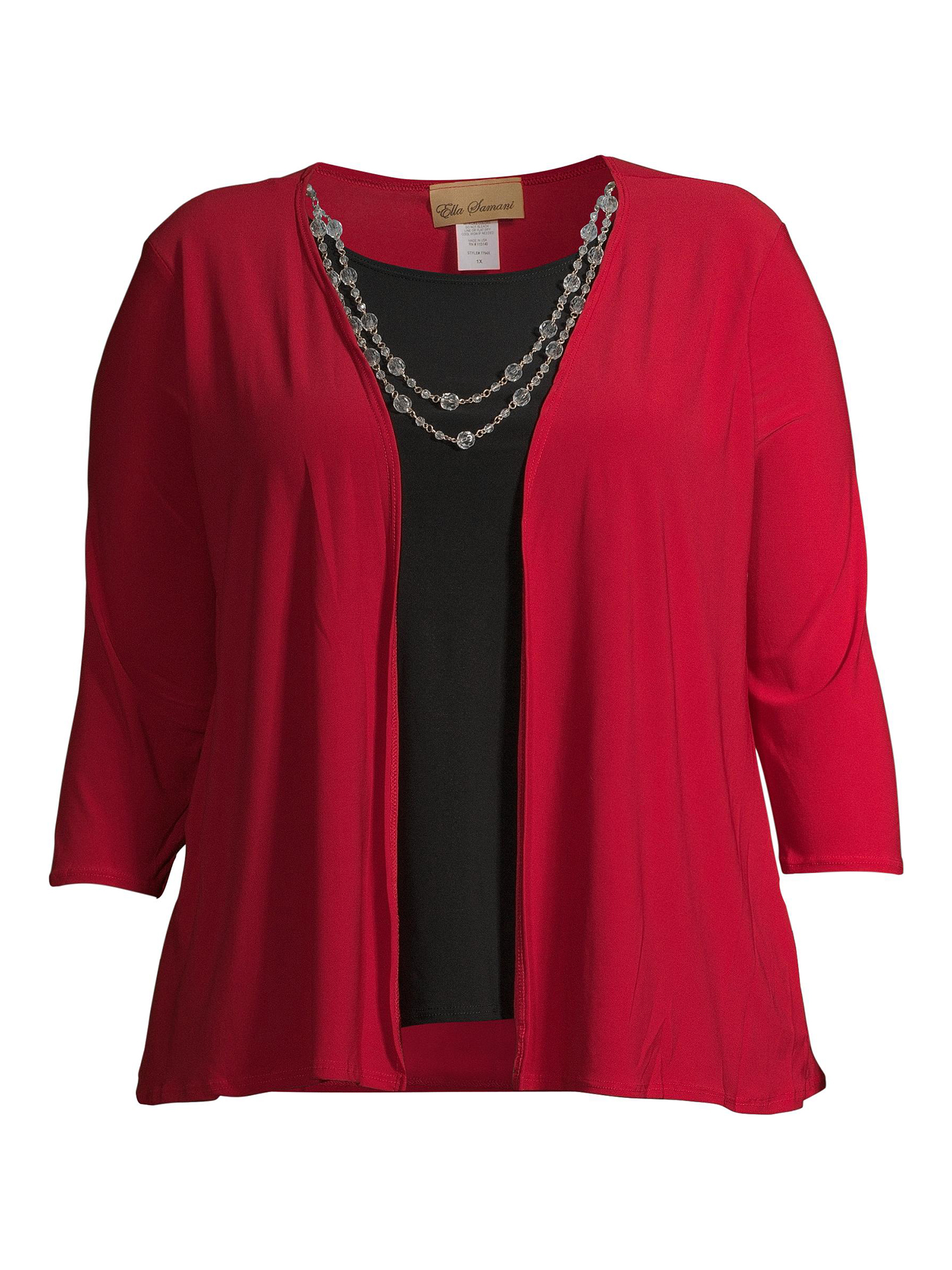 Ella Samani Women's Plus Size 3/4 Sleeve Cardigan with Necklace