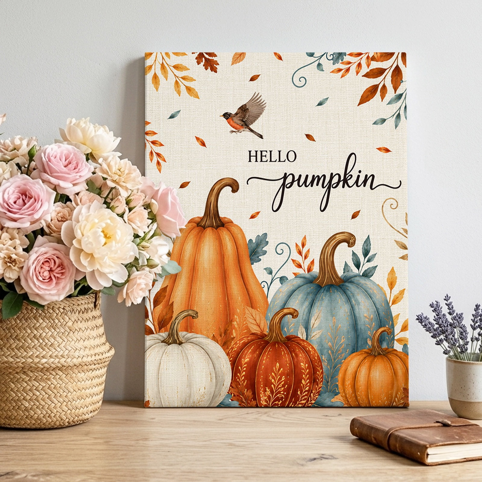 Canvas Wall Art Fall Maple Leaf Framed Canvas Prints for Living Room Bedroom Thanksgiving Pumpkin Orange Blue Florals Gallery Wrapped Wall Decor for Home Office Gifts 12 x16 Ship Next Day