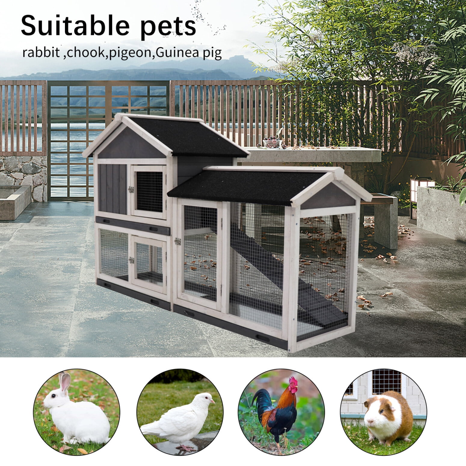 Spacious Indoor/Outdoor Rabbit Cage & Hutch with Removable Trays, 3 Doors, UV Panel & Wire Mesh Floor for Small Animals