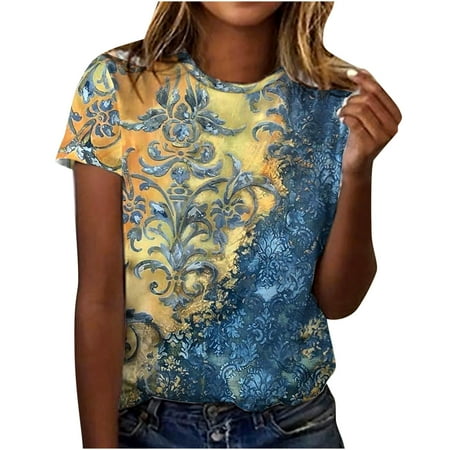 

trendy tops for women 2023 Women s Casual Loose Floral Print Crewneck Printed Short Sleeve T-Shirt Tops Lucky T-Shirt Yellow XXL