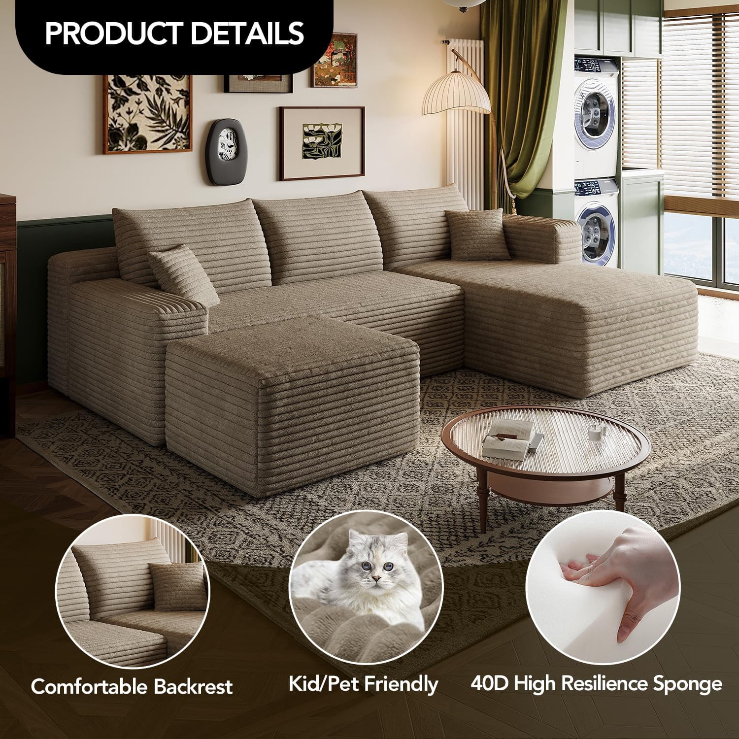 103" Cloud Sectional Sofa, Modern L Shaped Deep Seat Couch, Plush Corduroy Upholstered Sofa No Assembly, Living Room