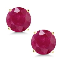 Gem Stone King 14K Yellow Gold Red Ruby Stud Earrings for Women Men (1.10 Cttw, Gemstone Birthstone, Round 5MM)