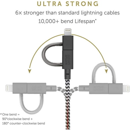 Native Union Belt Cable Universal - 6.5ft USB-C Charging Cable 3-in-1 Adaptor (Zebra)
