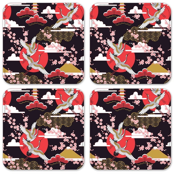 Vinyl Drink Coasters - Set of 4 - Red, White & Gold Flying Cranes