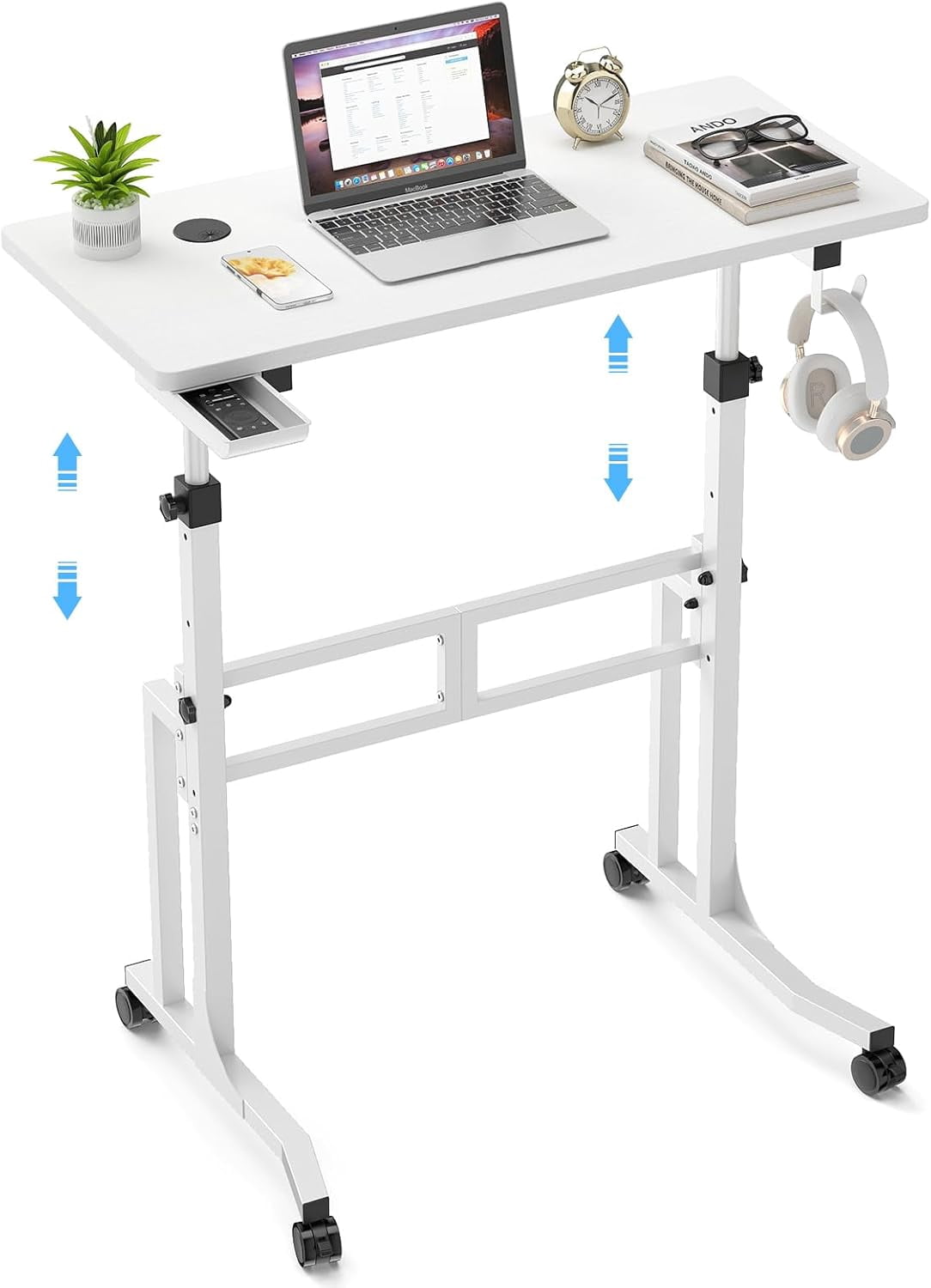 Standing Desk with Wheels, Adjustable Treadmill Desk, Rolling Bike Trainer Desk for Walking Pad Laptop, Phone Standing, White