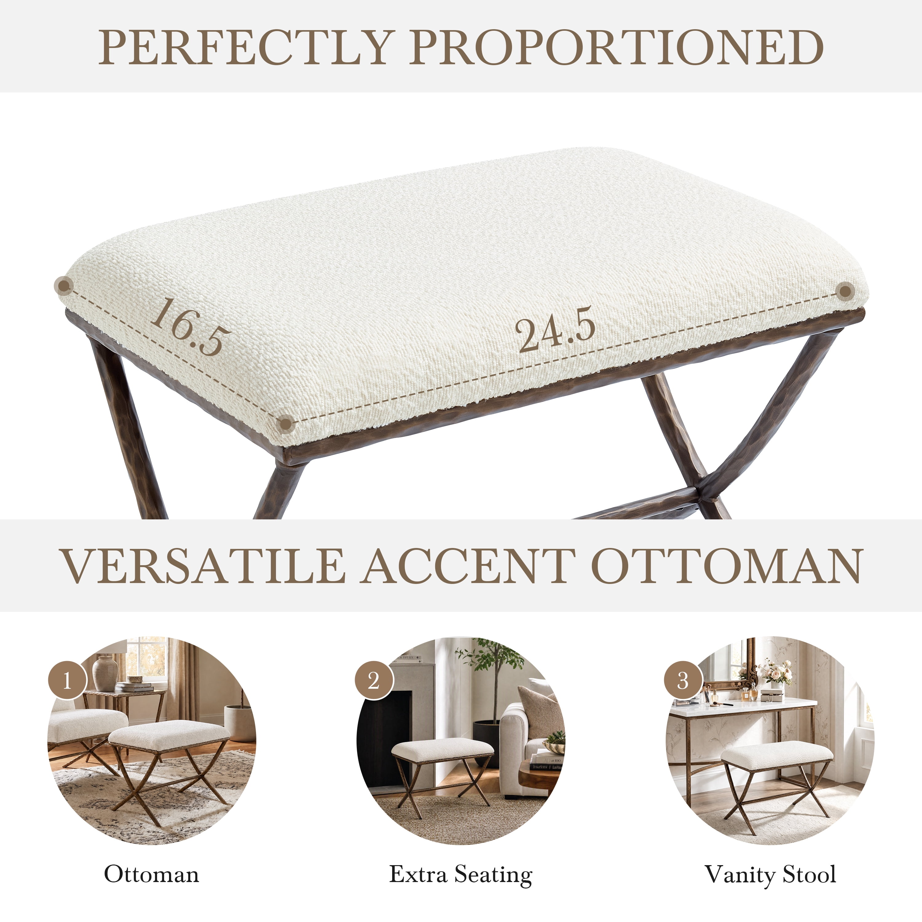 GARITIN Set of 2 Rectangular Ottomans 24.5 Inch, Upholstered Footrests with X Base and Hammered Metal Legs for Living Room, Beige
