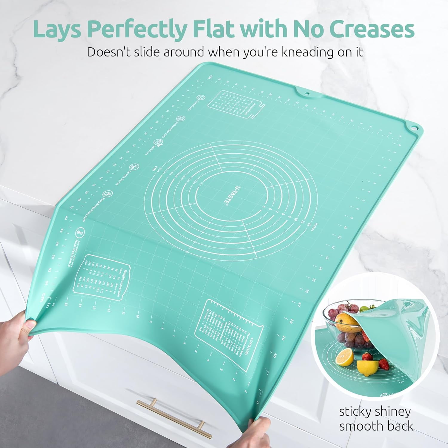 U-Taste Large Silicone Pastry Mat: 20inx16in Food-Grade Non-Stick Dough Rolling Baking Sheet, Non Slip for Kneading Prep Pizza, Fondant, Pie Crust with Clear Measurement and Raised Edges (Aqua Sky)
