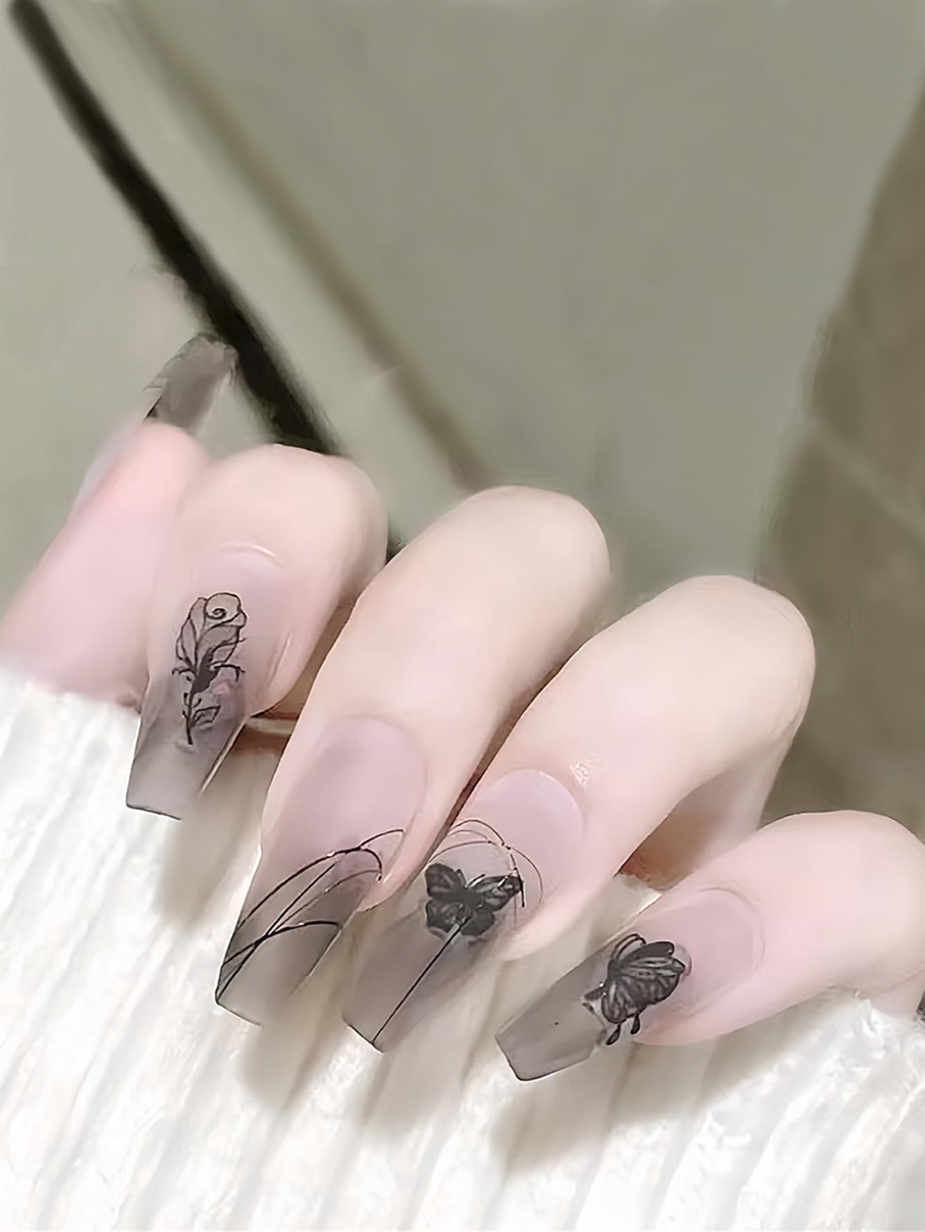 24 sweet cherry blossom red printed coffin full cover fake nails, French white, suitable for women's daily wear, 1 nail file and