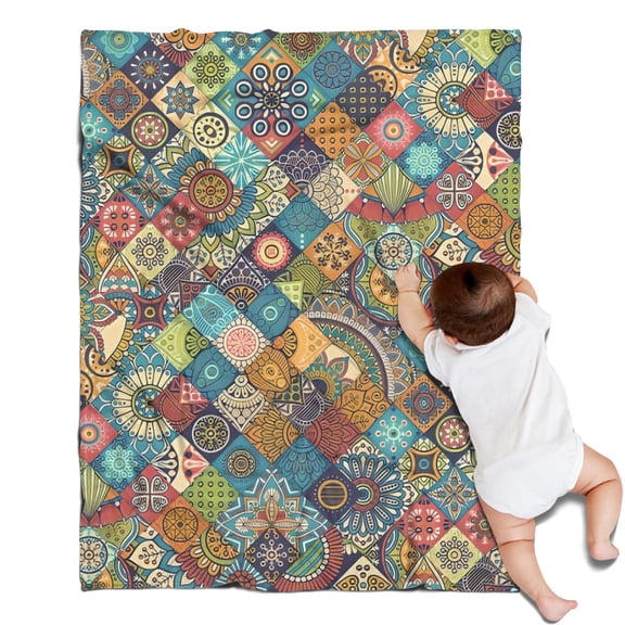 Multicolor Ethnic Geometric and Floral Pattern Blanket,Comfortable Soft Flannel Throw Blanket,All Season,Warm Lightweight Blankets for Sofa Bed Couch Living Room Chair,30"x40"