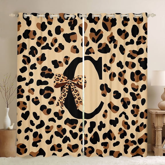 Castle Fairy Leopard Bow Letter C Black Out Curtains for Girls,Cheetah Print Curtains Pack of 2 (42x63 Each)