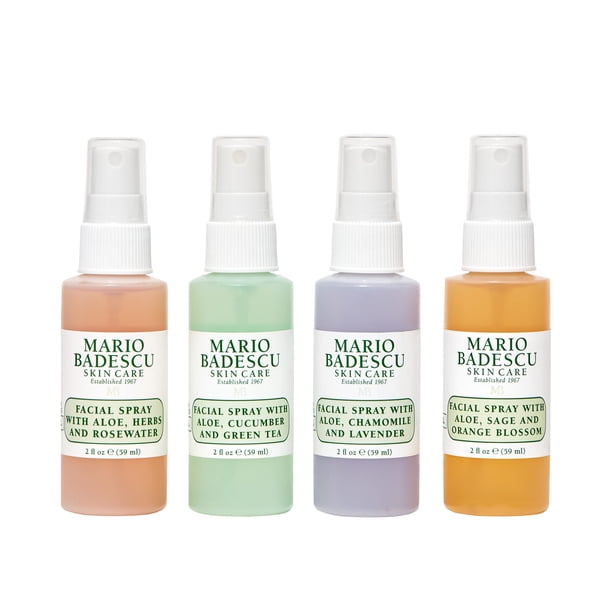 Mario Badescu Mini Mist Colección de spray facial con agua de rosas, pepino, lavanda y azahar, spray facial refrescante e hidratante multiusos para todo tipo de piel, 59 ml (paquete de 4)