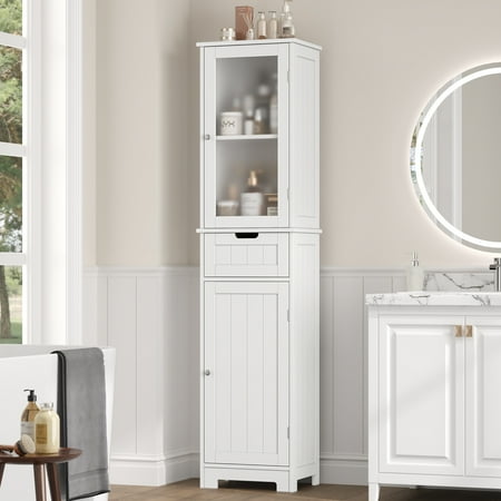Homfa Bathroom Storage Tower  Narrow Linen Cabinet with Door and Drawers  Tall Bathroom Storage Cabinet for Small Spaces  White