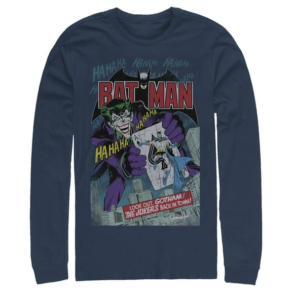 Men's Batman Joker Vintage Card Long Sleeve Shirt Navy Blue Large