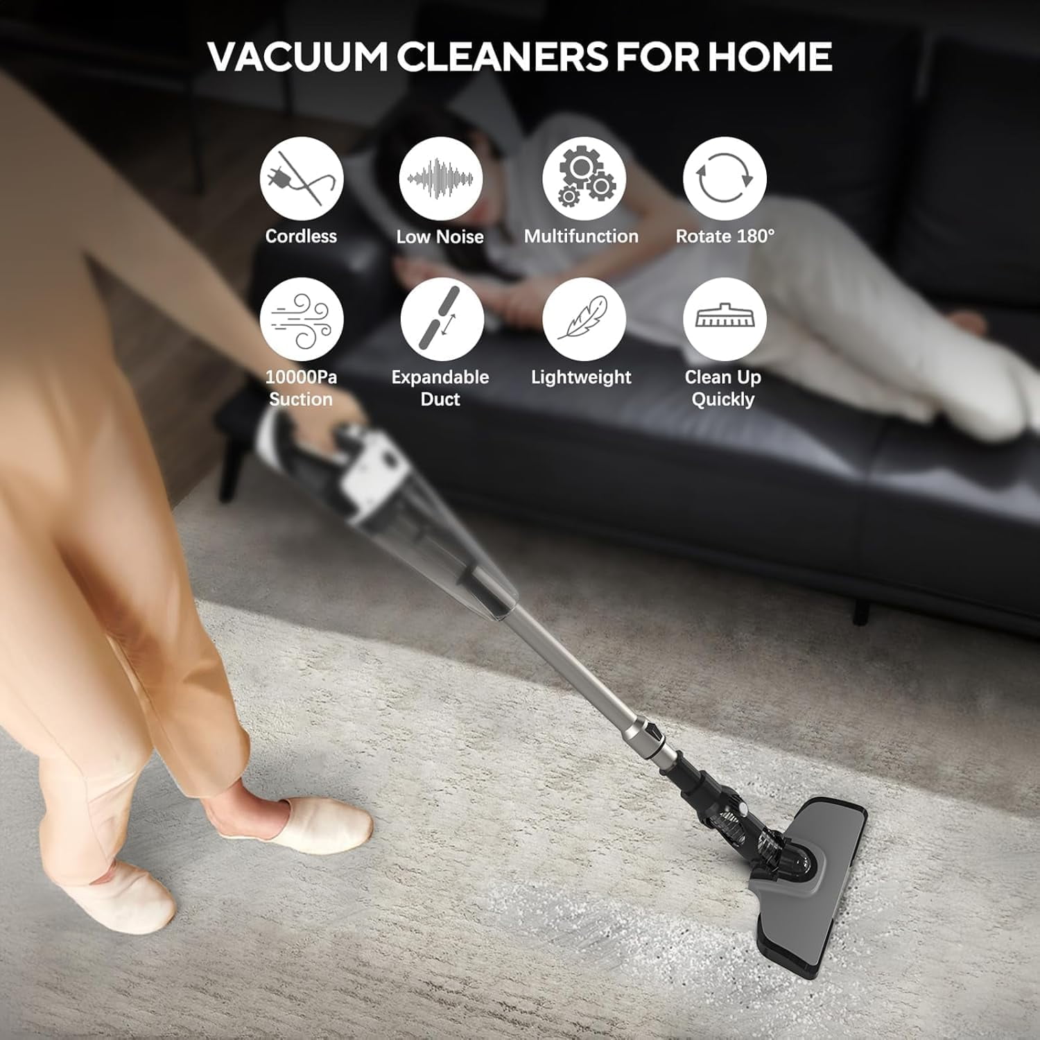 Cordless Vacuum Cleaner, 12000 Pa Powerful Stick Vacuum with Brushless Motor, LED Touch Display, 30 Mins Long Runtime, Self-Standing Lightweight Vacuum for Hard Floor Carpet Hair, Gray