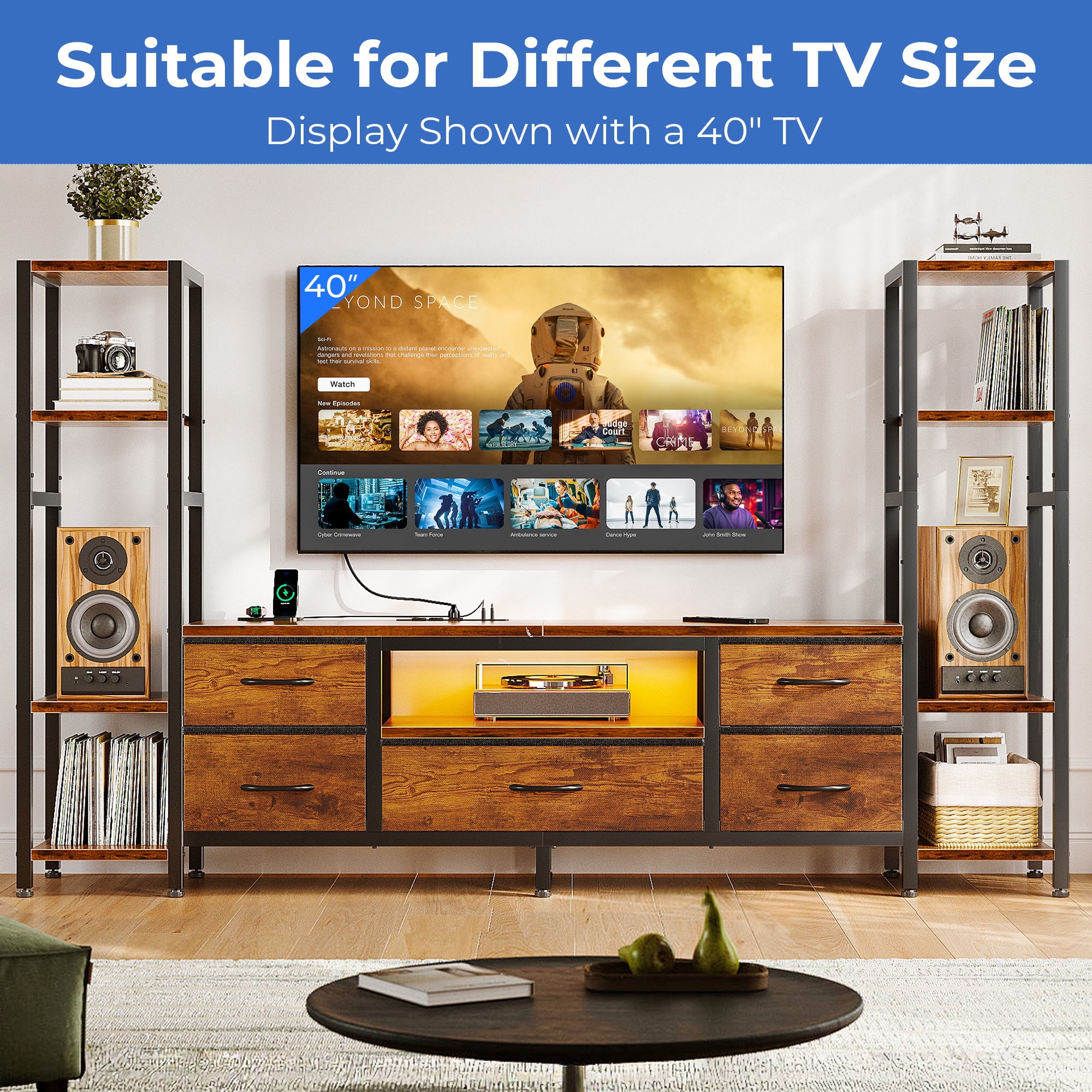 Casacomoda TV Stand for 40–50 Inch TV, Low-Profile Entertainment Center for Small Spaces with LED Lights & Power Outlets, Storage TV Stand with Drawers & Shelves, Vintage