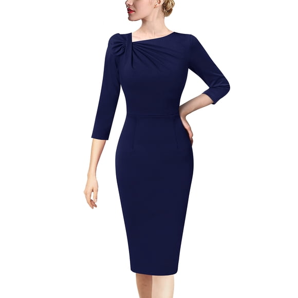 Vestido VFSHOW azul marino con cuello de lazo asimétrico plisado para mujer