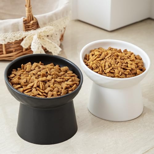 6 inch Small Ceramic Raised Cat Bowls, Tilted Elevated Food or Water Bowls, Stress Free, Backflow Prevention, Dishwasher and Microwave Safe, Lead & Cadmium Free(Black 6 inch-2pc)