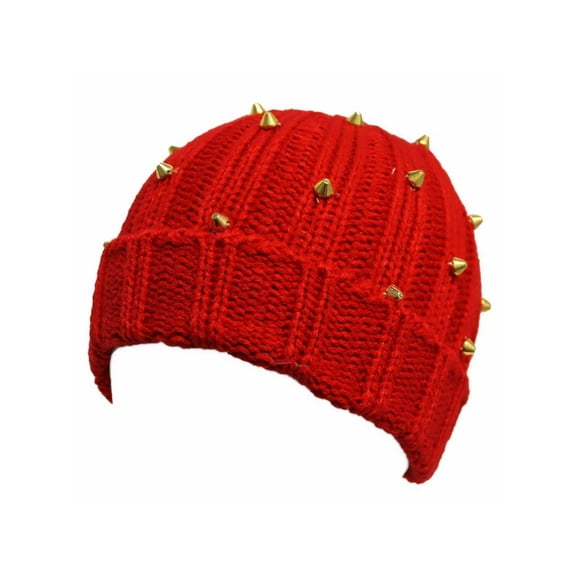 Red Knit Beanie Cap Hat With Gold Spikes