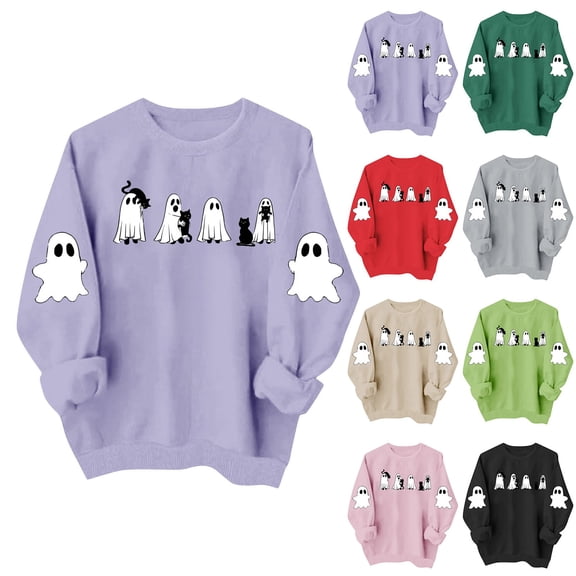 Jsaierl Halloween Sweatshirts for Women Spooky Ghost Graphic Pullovers Soft Holiday Crewneck Long Sleeve Sweater Tops Halloween Costumes, Sizes S-2XL