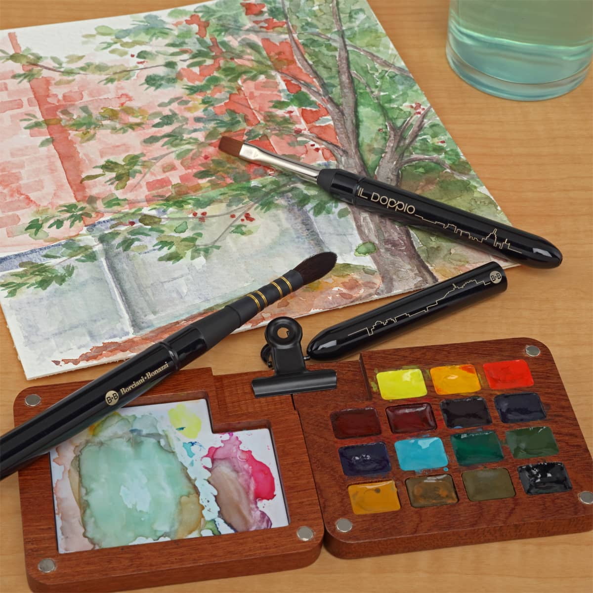Borciani e Bonazzi Il Doppio Double-Sided 2-in-1 Brush Travel Set, Sizes 1 & 2 - Portable Paintbrush for Urban Sketching, Synthetic Kolinsky, Made in Italy, Vegan, Cruelty-Free