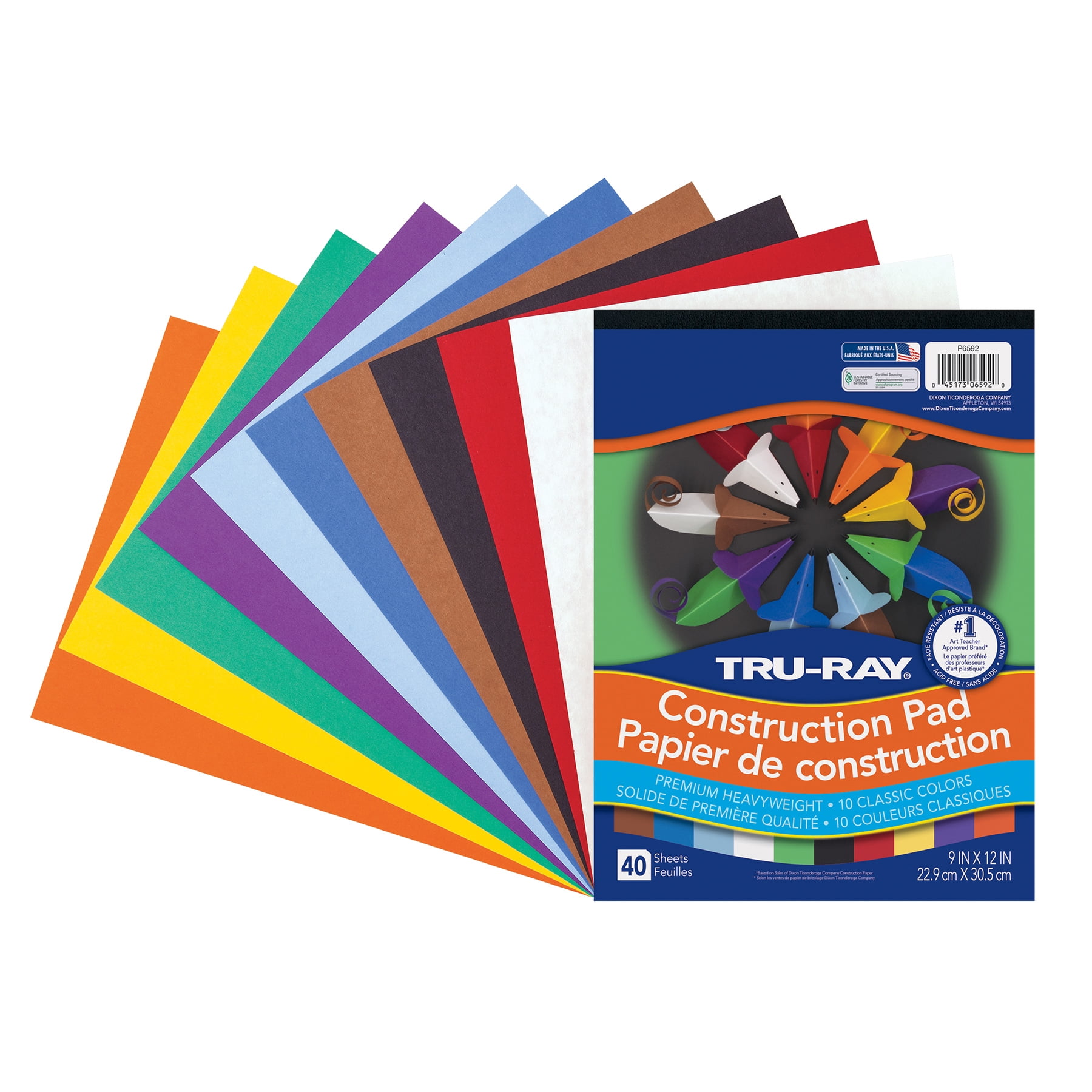 Tru-Ray Construction Paper Pad, Heavyweight, 10 Classic Colors, 9" x 12", 40 Sheets, Pack of 6