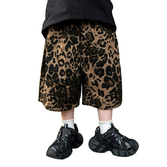 WEIGFI Child Boys Kids Loose Leopard Print Shorts Soft Elastic Band Middle Pants Pull On Cargo Shorts Versatile Daily Bottoms