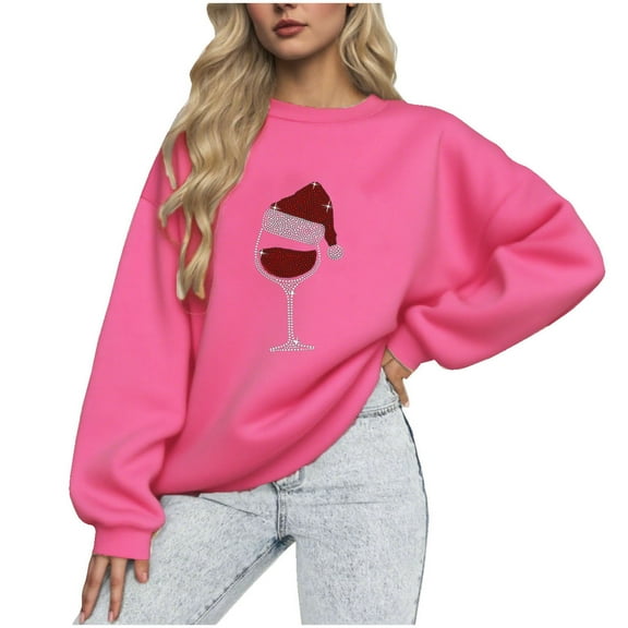 Christmas Women's Sweatshirts Fashion Red Wine Glass Printed Pullover Round Neck Sweater Rhinestone Loose Long Sleeve Blouse Tops