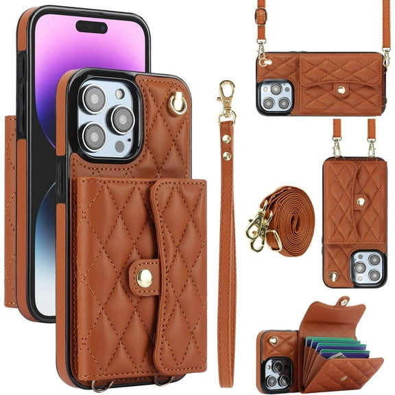 for iPhone 15 Pro Max Case, Wallet Phone Case Cute Leather Case with Card Holder Crossbody Cover for Women Girls Strap Wristlet RFID Blocking Shockproof Protective Cover, Brown