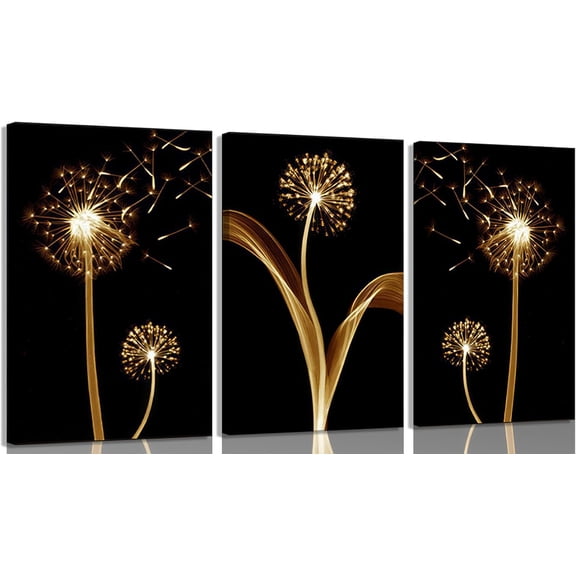 Hieng 3 Pcs Abstract Golden Dandelion Wall Art black gold Plant Pictures Paintings Artwork Modern minimalist dandelion wall decor prints for Living room bedroom office decoration Unframed