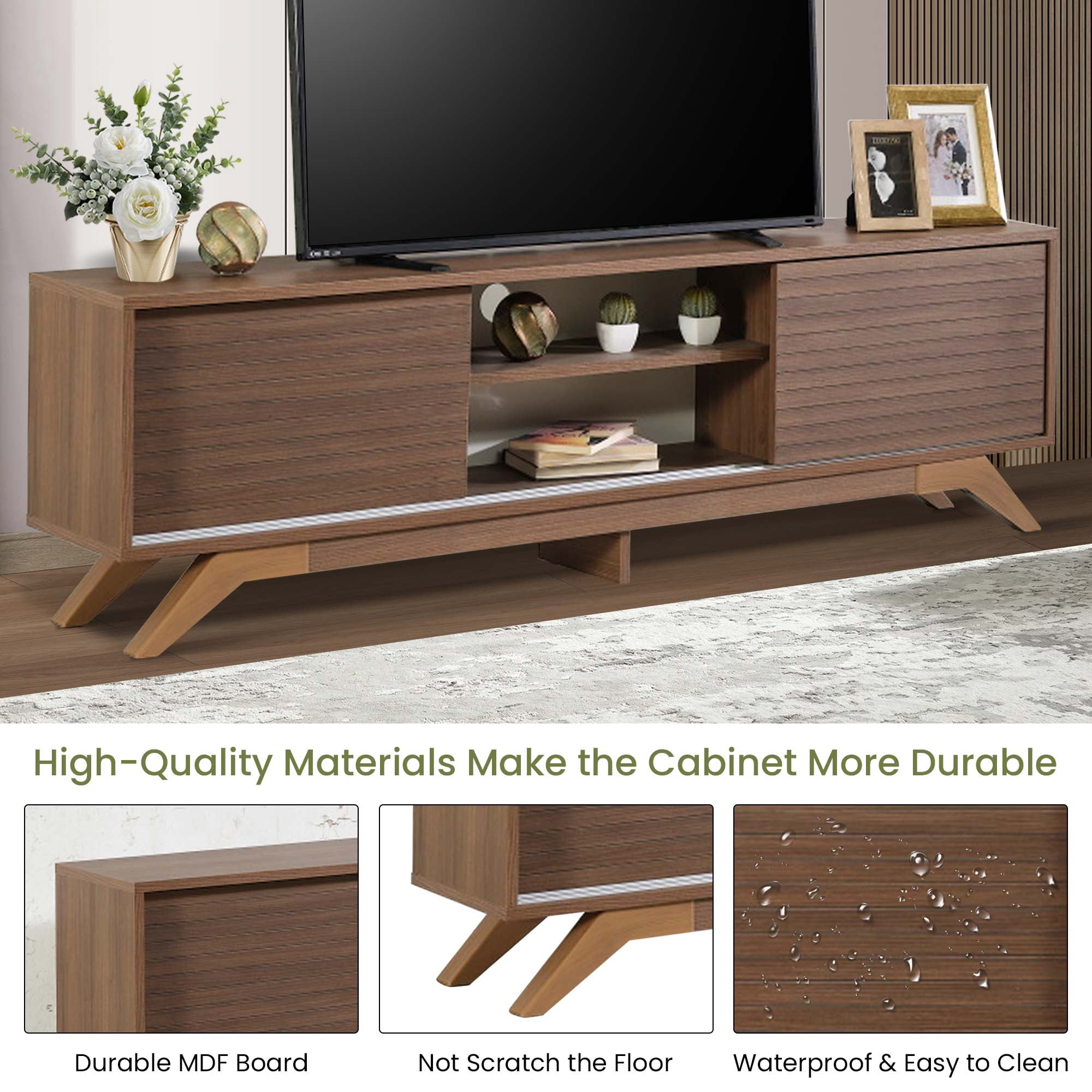 Aukfa Modern TV Stand for TVs up to 70" - TV Cabinet with 2 Sliding Door for living Room - Walnut