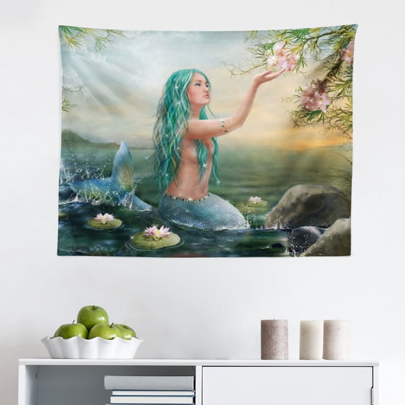 Fantasy Tapestry, Polka Dotted Fantasy Tea Pot and Coffee Cup House Surrounded by Lollipops, Fabric Wall Hanging Decor for Bedroom Living Room Dorm, 2 Sizes, Fern Green and Coral, by Ambesonne