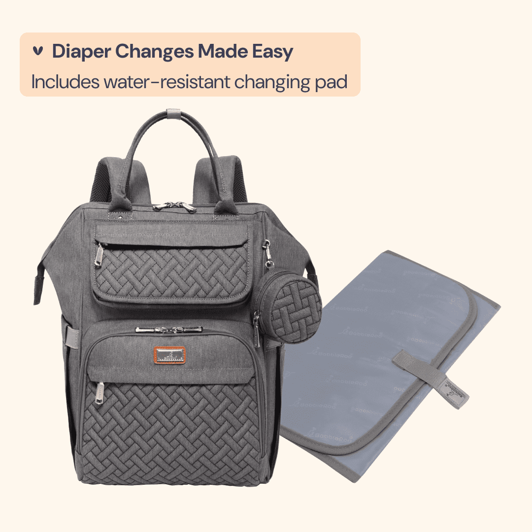 BabbleRoo Widetop Waterproof Diaper Backpack with Insulated Bottle Pockets, Polyesterp- Dark Gray